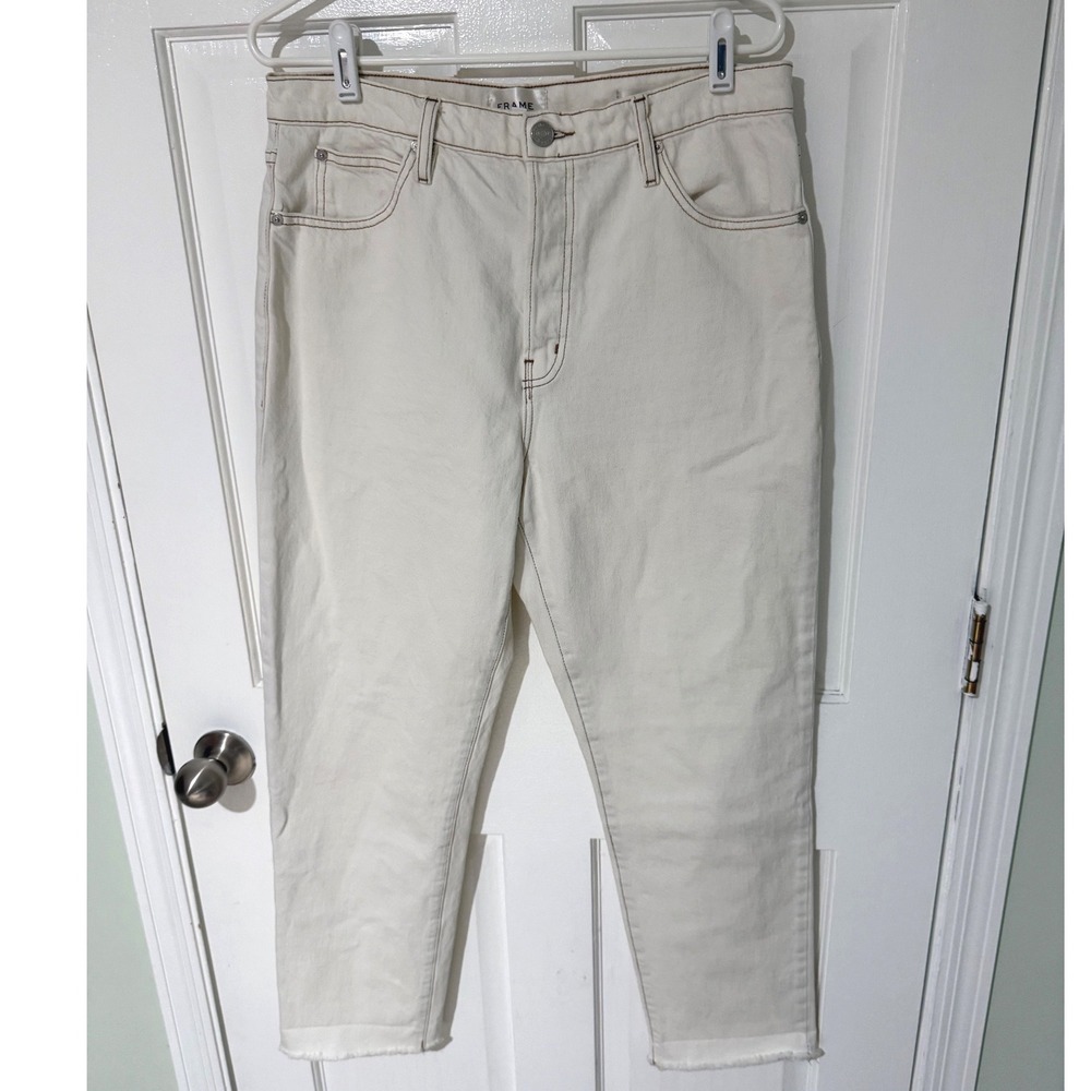 FRAME Le Mec Off White Contrast Stitch Raw Hem Straight Leg Jeans 29 - Picture 1 of 4